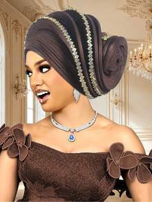 1pc Women Pre-Made Auto Gele Turban Hat, Nigerian Pleated Headtie With Rhinestone Trim, African Flower Bud Head Wrap For Wedding Party Ceremony - A - View 15