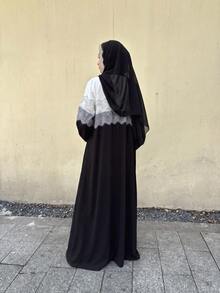Hafizah New Lace Trim Patchwork Headscarf Collar Abaya Outerwear For Women Spring Black Fall - Black - View 6