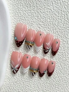 10件/套 精緻手工穿戴式美甲，Polygel美甲套組，花卉圖案，棕色與白色指甲油，時尚風格，含美甲工具，3種尺寸可選：杏仁形、鴨嘴形、棺材形，適合派對、舞蹈、日常穿戴（手工細節可能有所不同） - 彩色 - 查看 15