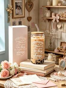 1pc/5pcs 16oz Mason Glass Cup With Bamboo Lid And Glass Straw, Inspirational Best Friend Quote Print Reusable Tumbler, Transparent Iced Coffee Boba Milk Tea Cup, Portable Drinking Cup For Iced Coffee Oat Milk, Sweet Valentine's Day Holiday Gift For Best Friend And Women - Multi-color - Inspirational Quotes - View 2