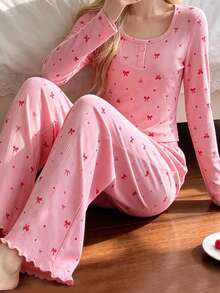 Girls 2-Piece Bow Print Pajama Set, Pink Ribbed Square Neck Long Sleeve Top + Ruffle Wide Leg Pants, Soft Comfortable Loungewear - Pink - View 2