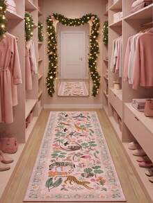 1pc Washable Non-Slip Pink Tropical Rainforest Velvet Runner Rug, Soft Anti-Slip Mat, Machine Washable, Pink Floral & Animal Elements Cozy Design, Creating A Harmonious Natural Scene, Suitable For Living Room, Bedroom, Bedside, Hallway, Dining Room And Other Living Spaces, Perfect Match For Christmas Home Decor, Great Christmas Gift, Rugs, Carpet, Christmas Rug, Christmas Gift/Decor, Rugs Living Room, Rugs For Bedroom, Carpet Living Room, Kitchen Mat, Hallway Runner, Washable Rug, - Multicolor - View 3