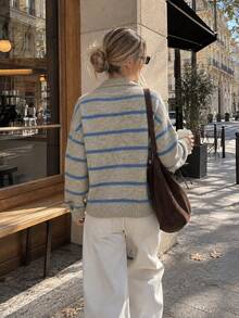 Women's Striped Knitted Polo Sweater With Long Drop Shoulder Sleeves, Ideal For Fall Daily Wear - Khaki - View 2