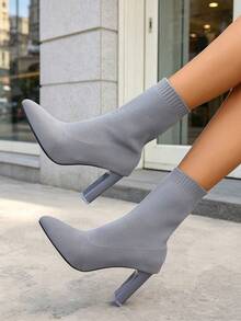 女款灰色彈力針織襪靴踝靴，尖頭粗方跟，秋季靴子，優雅秋季鞋，適合上班、派對、夜晚外出、聖誕新年 - 灰色 - 查看 7