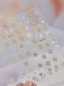 1 Sheet 3D Snowflake Metal Nail Stickers Gold & White Winter Snow Pattern Self-Adhesive Nail Art Decals, Christmas Winter DIY Manicure Decorations - Gold - View 1