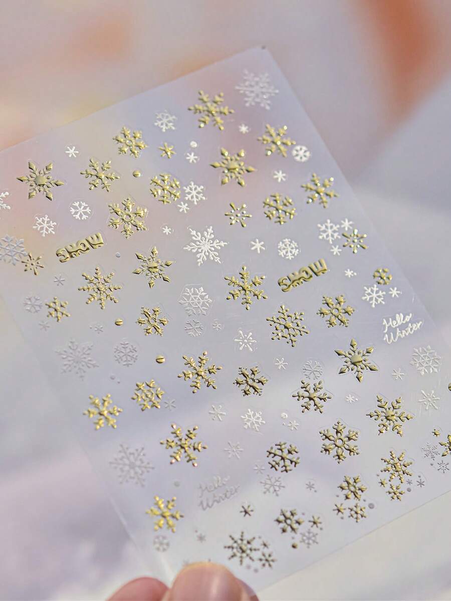 1 Sheet 3D Snowflake Metal Nail Stickers Gold & White Winter Snow Pattern Self-Adhesive Nail Art Decals, Christmas Winter DIY Manicure Decorations - Gold - View 1