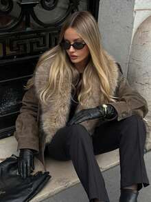 Winter Faux Fur Coat, Natural Women's High-Quality Genuine Leather Jacket With Oversized Faux Fur Collar, Luxury Style - Khaki - View 6