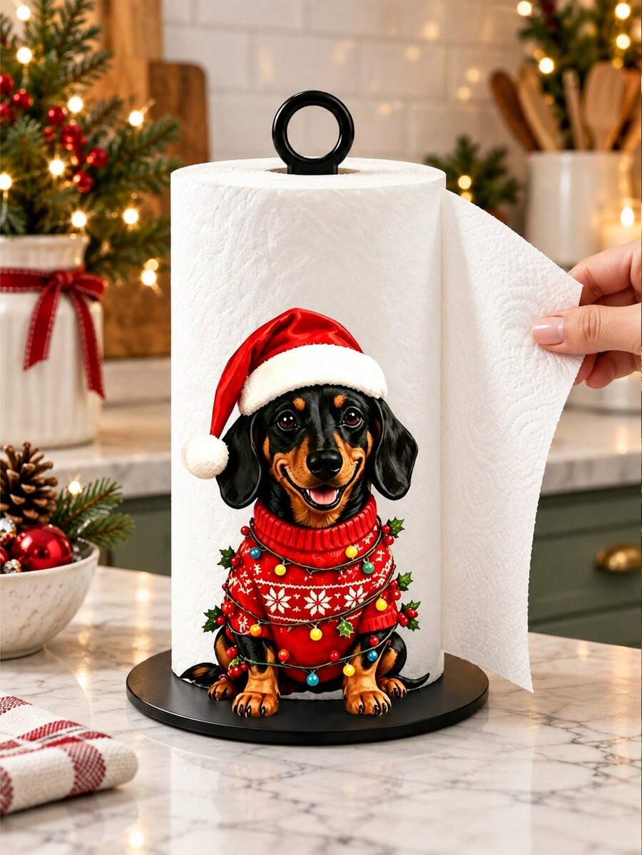 2D FLAT Christmas Decorative Kitchen Paper Towel Holder (No Power Light) - Desktop Tabletop Roll Holder (Combines Display And Storage Functions), Fun Christmas Dachshund Design, Suitable For Kitchen, Bathroom, Living Room And Dining Room, Decorative Ornament To Create A Warm Christmas Atmosphere - G - View 1
