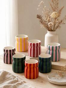 1pc Striped Ceramic Storage Canister, Kitchen Utensil Holder, Tableware Organizer, Multi-Color Striped Pattern, Suitable For Kitchen Storage, Tableware Organization, Home Decor, Back To School Supplies, Holiday Gifts - View 8