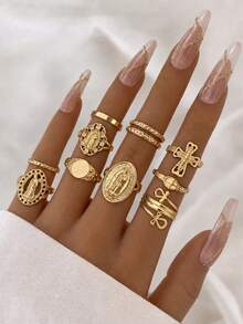 11 Piece/Set Vintage Rhinestone Portrait Cross Ring For Women Retro Inlaid Face Charm Stackable Ring Jewelry Gifts - Yellow Gold - View 1