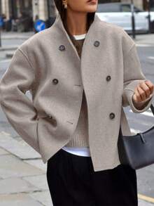 2026 Autumn/Winter Fashion Casual Commute Daily Lazy Overcoat, Versatile Double-Breasted Stand Collar Winter Jacket - Camel - View 2
