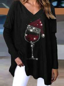 Plus Size Christmas Wine Glass Print V-Neck Long Sleeve T-Shirt - Black - View 1