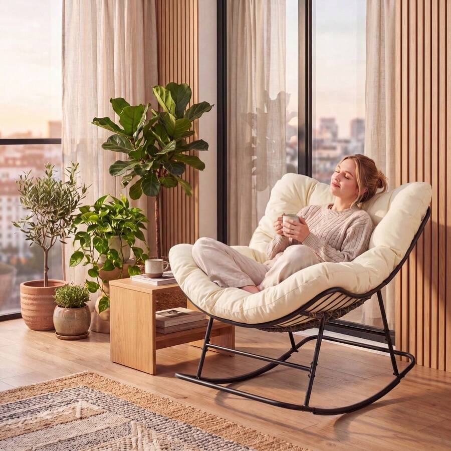 Oversized Papasan Rocking Chair With Thick Cushion, 450 Lbs Capacity – Classic Rocking Chair For Patio, Balcony, Porch - Beige - View 1