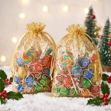 100 buah Kantong Kado Organza Motif Pusaran Emas, Kantong Serut Transparan Berbagai Ukuran, Kantong Jala yang Dapat Digunakan Kembali untuk Souvenir Pesta Pernikahan, Pembaptisan, Wisuda, Pesta Liburan, Kemasan Permen dan Perhiasan - MultiWarna - View 5