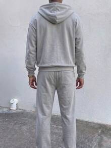 Light Gray Zip-Up Hoodie 2 Pieces Set, Includes Pants, Kangaroo Pocket, Loose Fit, Casual Daily Wear Outfit - Grey - View 4