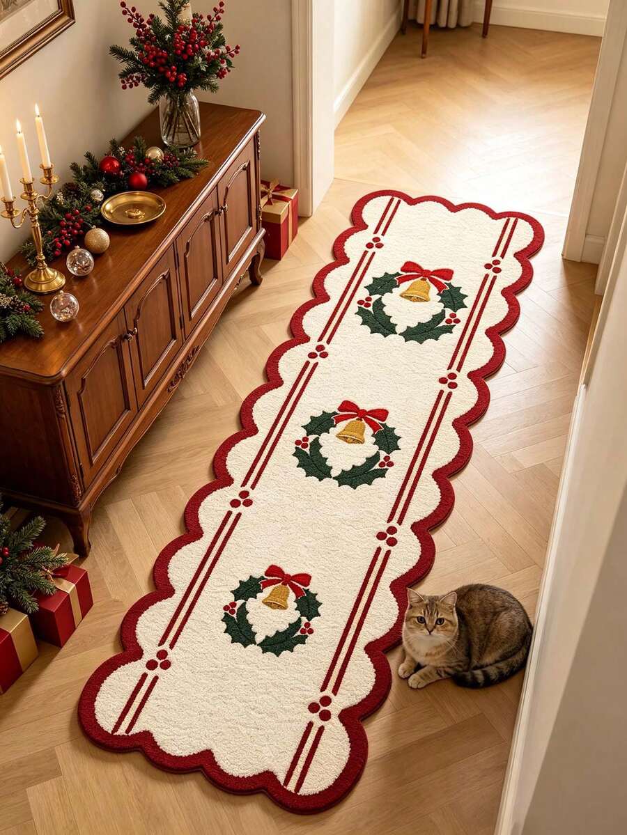 1pc Red Wavy Snowflake Pattern Doormat, Christmas Gift, Door Mat, Small Rug, Welcome Mat, Carpet, Floor Mat, Outdoor Doormat, Kitchen Rug, Home Decor, Front Door Mat, Area Rug, Outdoor Mat - Multicolor - View 1
