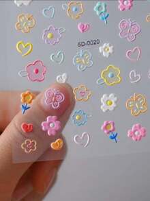1Set 5D Embossed Decor Stickers, Colorful Flower Butterfly Heart Pattern, Self-Adhesive Decals, Cute Floral Decor, Bonus Tweezers Included, Metal Stickers, Phone Stickers For Decoration - Dopamine-colored Small Flowers - View 2