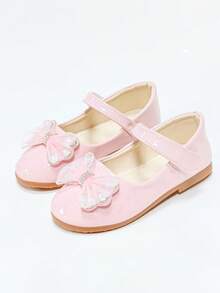 1 Pair Girls' Soft Nude Pink Princess Mary Jane Shoes With Hook And Loop, Mesh, Rhinestone Bow, Versatile For Birthday Party, Performance And Everyday Wear - Pink - View 1
