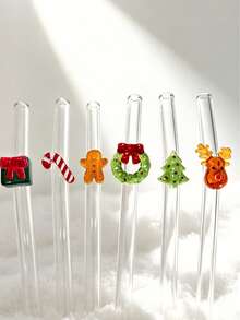 4/6pcs Shatter-Resistant Thick Borosilicate Glass Reusable Straw Set With Mixed Color Christmas Cartoon Hanging Decor, Cartoon Straight Transparent Party Glass Drinking Straws With Decorative Straw Heads, Suitable For Kitchen Accessories, Cold Drinks, Milk Tea, Coffee, Juice, Bar, Home, Restaurant - View 2