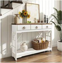 Mesa de consola de 43 pulgadas con 3 cajones, mesa de entrada de granja con estante inferior y patas de madera maciza, diseño estrecho rústico de estilo clásico, base blanca y superficie de madera natural, para entrada, pasillo, sala de estar y mesa de sofá - Blanco - Ver 7