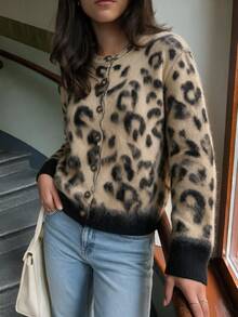 Women's Plush Leopard Print Cardigan, Autumn Long Sleeve Knit Button Sweater - Multicolor - View 3