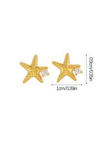 2 Pairs Gold Tone Rhinestone Starfish Stud & Hoop Earrings Cute Kids Fashion Jewelry For Girls Daily School Party Birthday Outfit Gift - Gold - View 3
