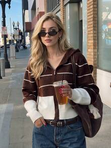 Nicenter Women's Hooded Striped Color Block Zipper Long Sleeve Wool Blend Cardigan Sweaters, Elegant Fall Clothes For Women, Winter Clothes For Daily Commute - Multicolor - View 1