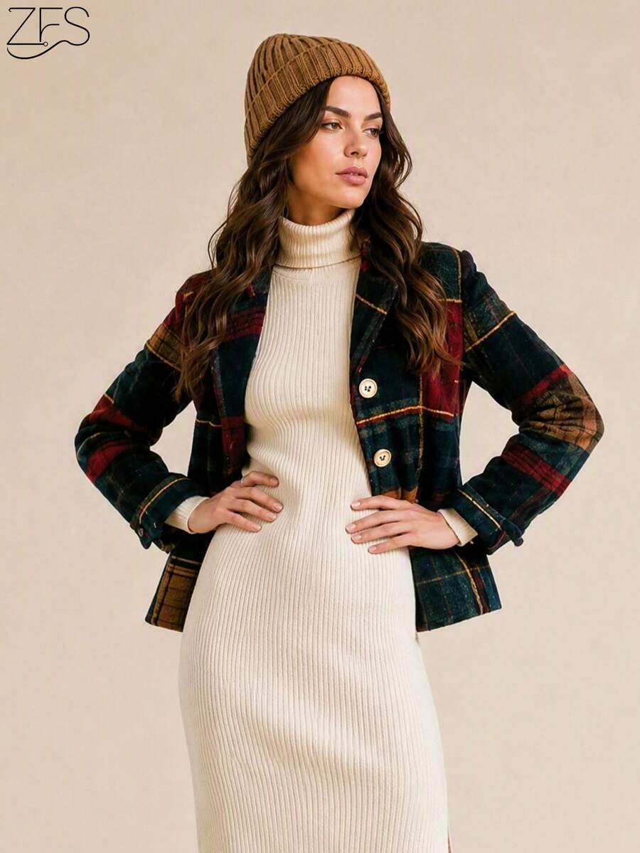 1pc Random Print Plaid Button Front Casual Jacket For Women - Long Sleeve, Lapel Collar, Pockets, Suitable For All Seasons, Casual Wear, Home, Daily, Holiday, Travel - Red - View 1