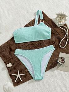 Women's Solid Color Special Jacquard Fabric Single Shoulder Shell Lace Bikini 2 Pieces Set - Mint Green - View 2