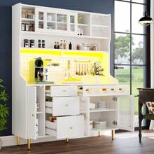 Flieks Highboard With Adjustable Shelves & LED Lights, Freestanding Storage Unit For Living Room Kitchen Dining, Tall Cabinet With Wine Rack, Dimensions 145x39x171cm - White - View 2