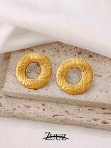 1pair Stainless Steel Round Stud Earrings For Women Fashion Simple Elegant Temperament Gold Color Hollow Texture Earring Jewelry - Earrings - View 1