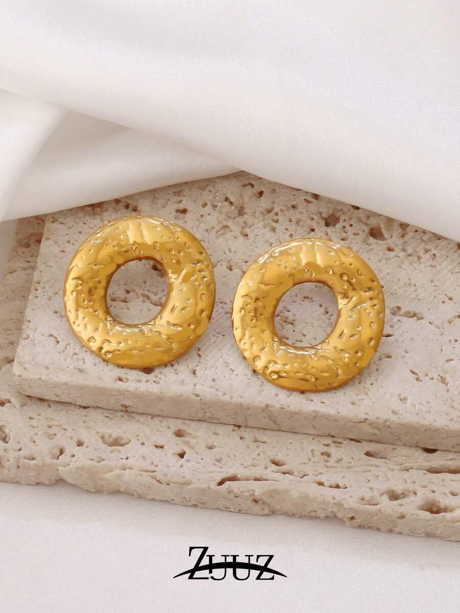 1pair Stainless Steel Round Stud Earrings For Women Fashion Simple Elegant Temperament Gold Color Hollow Texture Earring Jewelry - Earrings - View 1
