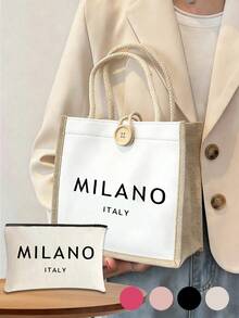 亞麻托特包套組，包含印有「MILANO ITALY」字樣的托特包與化妝包，適合婚禮、生日、海灘、假期，是送給女性、母親、老師、朋友、伴娘的完美禮物，適用於旅行、聖誕節、萬聖節與返校季 - 彩色 - 查看 12