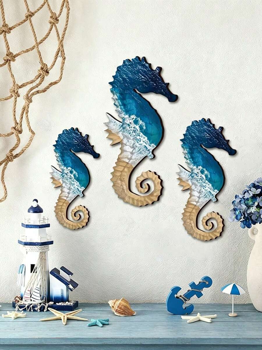 3件套海岸风吊坠壁饰,木质海马工艺品,沙滩图案,墙面装饰,房间装饰,夏季家居装饰,卧室装饰 - 彩色 - 查看 1