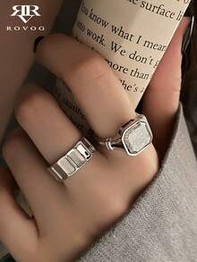 2pcs Fashion Casual Geometric Copper Alloy Open Ring Set Suitable For Women's Daily, Party, Commute Wear - Silver - View 7