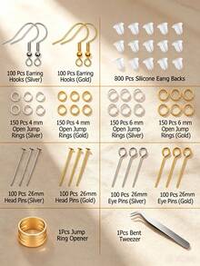 1 Box Hypoallergenic Earring Making Kit, 2000pcs Earring Making Material Pack, Includes Hypoallergenic Ear Hooks, Earring Accessories, Ear Backs, Pins, Jump Rings, Suitable For Jewelry Making Materials (Comes With Opening Tool And Tweezers) - 24-compartment Accessory Set (with Opener and Ring) - View 2