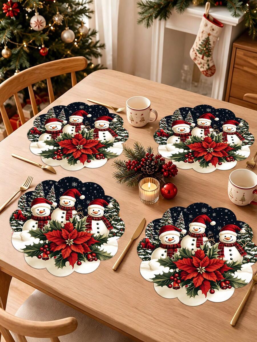 2/4/600pcs Christmas Party Flower Placemats - Snowman With Red Scarf, Poinsettia, Christmas Tree, Snowflake; 13.78 Inch Linen Material; Tabletop Decor Non-Slip, Heat-Resistant And Machine Washable - Multicolor - View 1