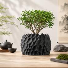 Black Rock Texture 3D Printed Planter, Modern Stone Appearance Plant Stand, Home Office Bookshelf Workspace Aesthetic Desk Decor, Unique Gift For Plant Lovers And Decor Enthusiasts, Gardening Home Decor Gift - Black Rock Texture Planter - View 2