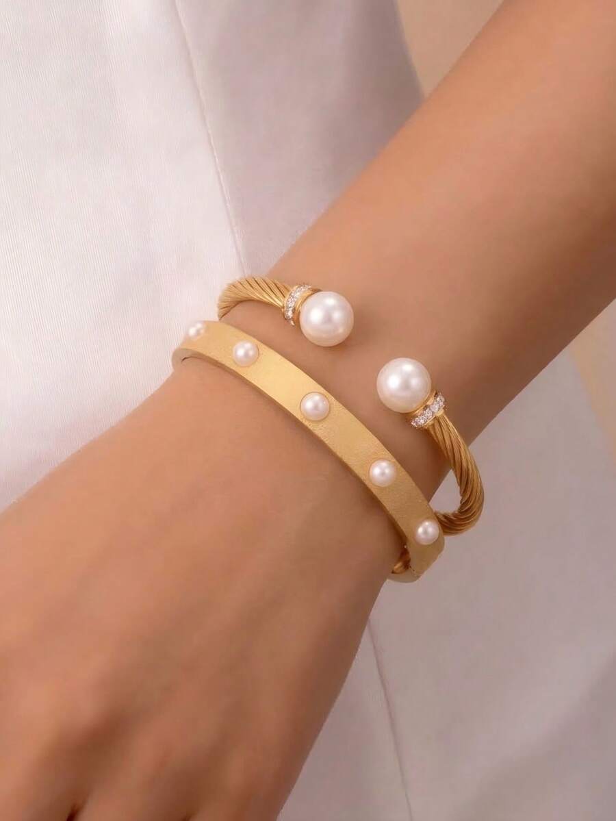 2pcsGolden Tone Stainless Steel 2Pcs Bangle Set, Twisted Cable & Textured Faux Pearl Bangle, Stackable Elegant Wrist Jewelry - Gold - View 1