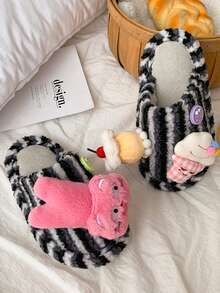 2026 New Cute Pattern Colorblock Striped Slippers, Non-Slip Warm Comfortable Fuzzy Shoes, Home, Couples, Versatile - Grey - View 2