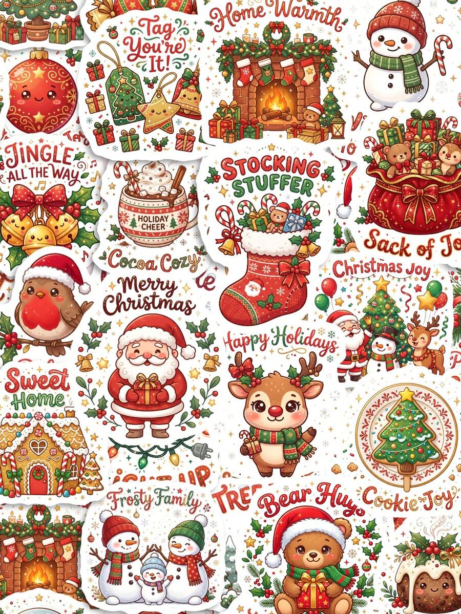 50Pcs PP Merry Christmas Stickers, Classic Happy Christmas Style, Including Santa Claus, Snowmen, Reindeer, Christmas Bears, Holiday English Slogans Elements, For Journal Collage, Skateboard, Tablet, Notebook, Storage Box, DIY Craft Decor - Multicolor - View 1