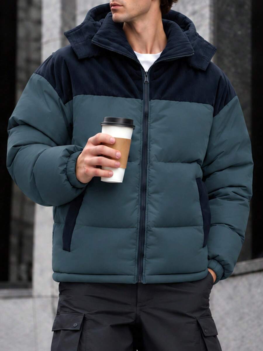 男士冬季連帽填充外套，燈芯絨拼接設計，標準版型，長袖附口袋