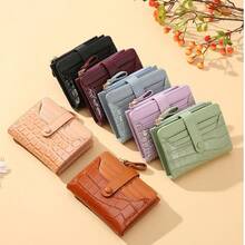 Women's Crocodile Embossed PU Short Wallet, Snap Button Multi-Card Slot Coin Purse, Portable Foldable Zipper Pocket Small Wallet, Fashionable Women's Card Holder - Multicolor - View 2