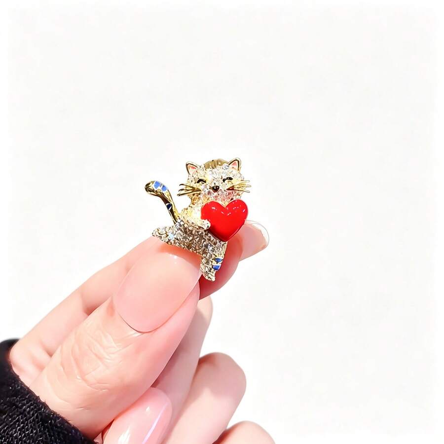 1pc Cute Cat Brooch, Exquisite Small Heart-Hugging Cat Pin, High-End Anti-Exposure Brooch, Mini Brooch Flower Decoration, Personalized Versatile Beautiful Brooch For Men And Women Couples - Multicolor - View 1
