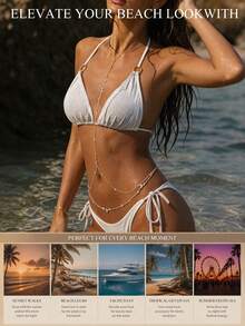 1pc Double Layer Rhinestone Body Chain, Bikini Vacation Sexy Deep V Long Water Drop Crystal Chest Chain Beach Accessory Hot Girl Waist Decor Chain - Rhinestones - View 3