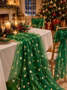 1pc Green Star Glitter Tulle Fabric, Transparent Mesh With Gold Metallic Star Print, Lightweight Shiny Polyester Tulle, Suitable For Holiday Party Decoration, Christmas Backdrop, Gift Wrapping, Ballet Tutu, Bow Handmade And DIY Sewing Projects - Multicolor - View 8