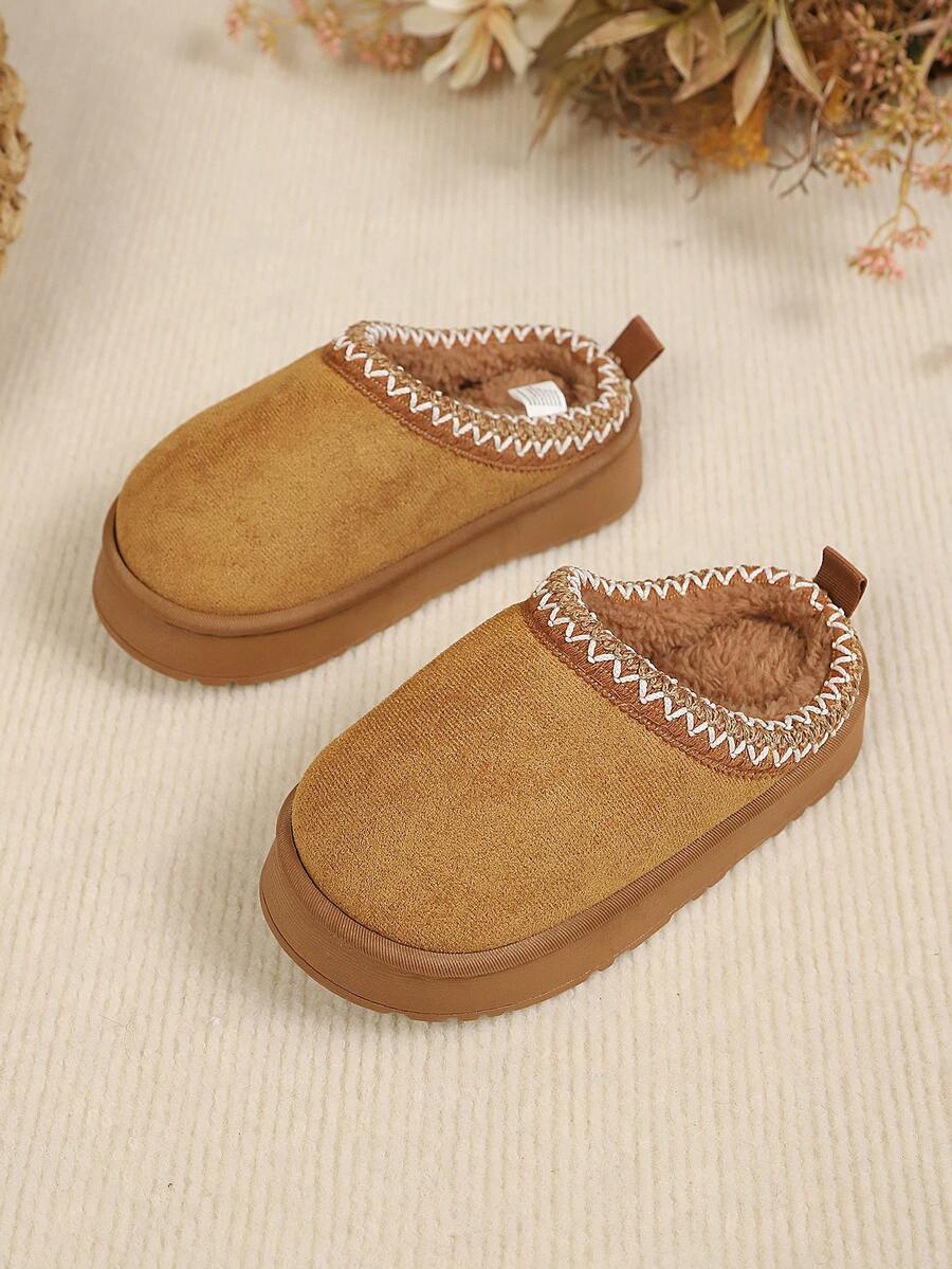 Children's Thick Sole Plush Warm Slippers With Woven Lace Trim, Fashionable Home Slippers For Autumn/Winter - Brown - View 1