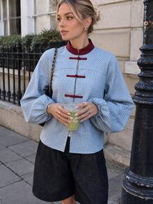 Fashionable Elegant Plaid Women's Shirt, Casual Versatile Design Top Suitable For Daily Wear, Dating, Travel, Vacation, Holiday, All Seasons - Baby Blue - View 1