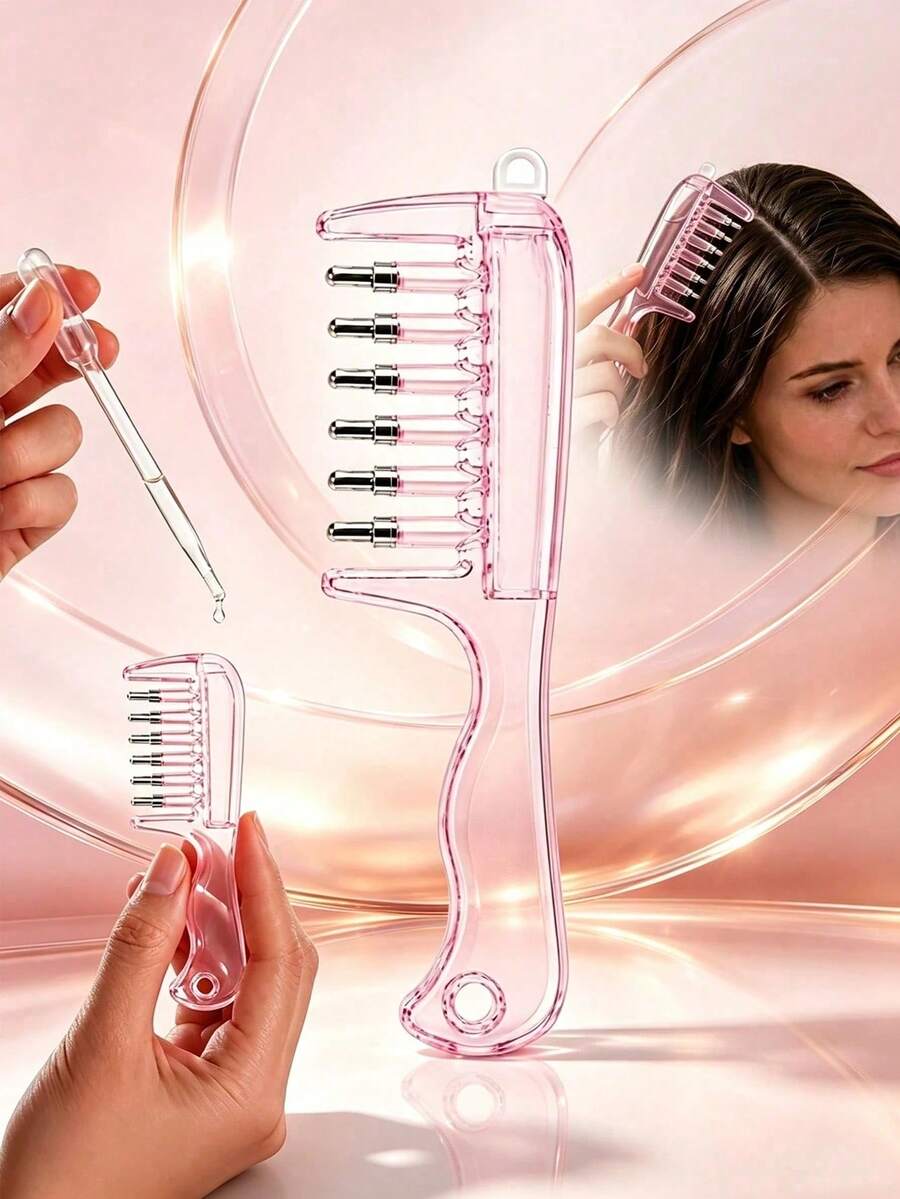 Pink/Transparent Roller Ball Scalp Oil Applicator Comb, Scalp Oil Dispensing Hairbrush, For Home, Travel, Salon And Daily Use. Essential Oil Hair Care Comb. Comb + Dropper, Scalp Massage Comb, 6 Roller Balls, Reusable Refillable.