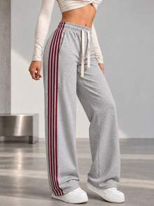 Women Gray Wide Leg Sweatpants Red Side Stripes Track Pants Drawstring Elastic Waist Loose Fit Casual Athletic Trousers - Grey - View 4